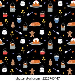 Cute cozy winter seamless pattern. Hand drawn pattern with coffee, cocoa, gingerbread, cake, roll, berries, spices. Comfortable hygge lifestyle.