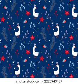 Cute cozy winter seamless pattern. Hand drawn pattern with goose, bullfinch, branches, fir-trees, poinsettia. Comfortable hygge lifestyle.