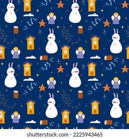 Cute cozy winter seamless pattern. Hand drawn pattern with angel, house, log, hare, rabbit, ears, snowman, light bulbs. Comfortable hygge lifestyle.