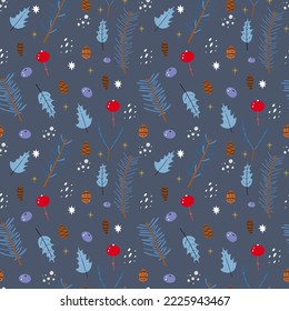 Cute cozy winter seamless pattern. Hand drawn pattern with branches, trees, pine, cone, berries, flowers. Comfortable hygge lifestyle.