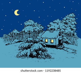 Cute cozy wooden chalet edifice isolated on light backdrop. Freehand outline black ink hand drawn xmas picture sketchy in art retro doodle style. Scenic view with space for text on starry dusk sky