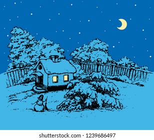 Cute cozy wooden noel chalet edifice isolated on dark backdrop. Bright blue color hand drawn xmas picture in art retro graphic style. Scenic view with space for text on starry dusk yule nativity sky