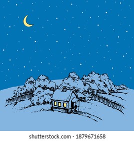 Cute cozy wooden noel chalet edifice isolated on dark backdrop. Bright blue color hand drawn xmas picture in art retro graphic style. Scenic new year view text space on starry dusk yule nativity sky