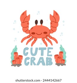 Cute crab . Baby animal concept illustration for nursery, character for children.Marine animals, under sea 