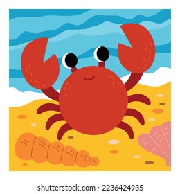 Cute crab and beach background. Cartoon vector illustration for children