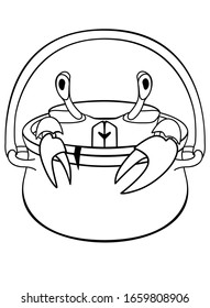Cute crab in a bucket - linear vector illustration for coloring. Outline. Crab crawling out of the pot. Little crab in the container.