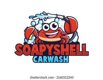 Cute crab car wash cartoon logo vector
