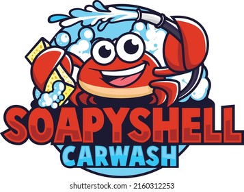 Cute crab car wash cartoon logo vector