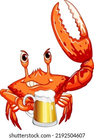 Cute crab cartoon character drinking beer illustration