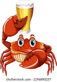Cute crab cartoon character drinking beer illustration