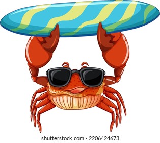 Cute crab cartoon character holding surfboard illustration