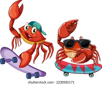 Cute crab cartoon character skating illustration