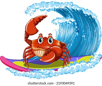 Cute crab cartoon character surfing illustration