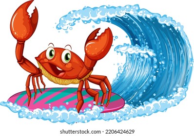 Cute crab cartoon character surfing illustration