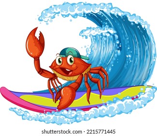 Cute crab cartoon character surfing illustration