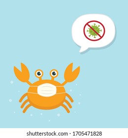 Cute Crab Cartoon Charactor wearing medical mask on sky blue background. Coronavirus (COVID-19) Vector Illustration.  Kawaii Crab .