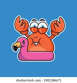 Cute Crab Cartoon with Flamingo Tires. Animal Vector Icon Illustration, Isolated on Premium Vector