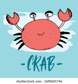 Cute Crab Cartoon Hand Drawn Animal Doodles Vector Illustration Background.