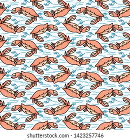 Cute crab cartoon seamless vector pattern. Hand drawn crustacean shellfish tile. All over print for seaweed blog, nautical graphic, sea life home decor.