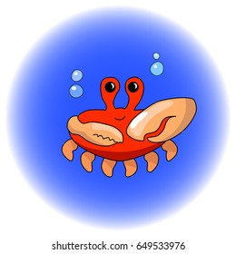 Cute crab cartoon vector illustration. Handdrawn seashore animal icon. Red crab with big claw. Ocean animal in comic style. Marine animal nursery clipart. Nautical sticker sea crab for seafood design