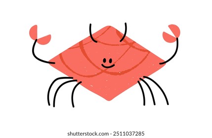 Caranguejo bonito com sorriso feliz, crianças estilo doodle. Animal marinho engraçado com garras, desenho humor cômico, forma geométrica. Ilustração vetorial gráfica plana infantil isolada sobre fundo branco.