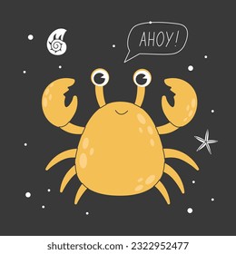 Cute crab character with a kawaii smile on a dark background with marine elements and lettering. Childish colored flat cartoon vector illustration of funny smiling yellow lobster.