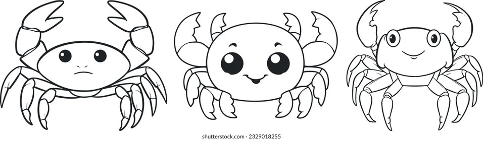 Cute Crab character smiling with big claws isolated on white background. Vector vintage crab drawing. Hand drawn monochrome seafood illustration. Cute Happy Crab cartoon