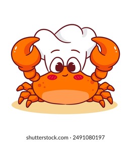 Cute Crab Chef Cartoon Vector Illustration. Adorable Kawaii Animal Character Icon Mascot Concept Design. Isolated White Background.