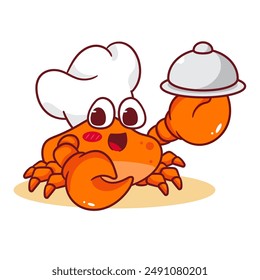 Cute Crab Chef Cartoon Vector Illustration. Adorable Kawaii Animal Character Icon Mascot Concept Design. Isolated White Background.