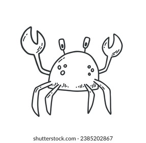Cute Crab in doodle style. Hand drawn crustacean sea animal line art. Vector illustration isolated on white background for childrens stickers, postcard and coloring book