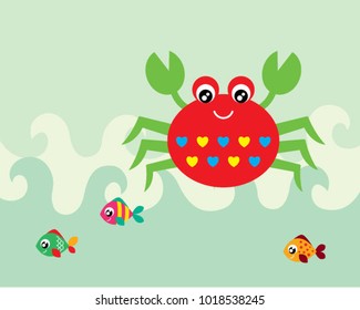 cute crab and fish greeting card vector