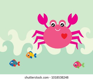 cute crab and fish greeting card vector