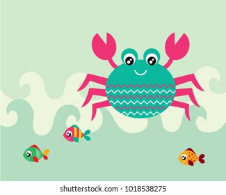 cute crab and fish greeting card vector