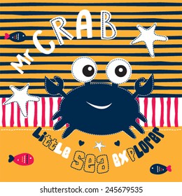 cute crab with fish on striped background vector illustration