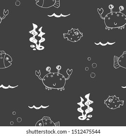 Cute Crab and fishes Seamless Pattern, Cartoon Hand Drawn Animal Doodles Vector Illustration Background .