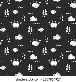 Cute Crab and fishes Seamless Pattern, Cartoon Hand Drawn Animal Doodles Vector Illustration Background .