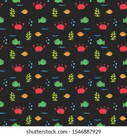 Cute Crab and fishes Seamless Pattern, Cartoon Hand Drawn Animal Doodles Vector Illustration Background .