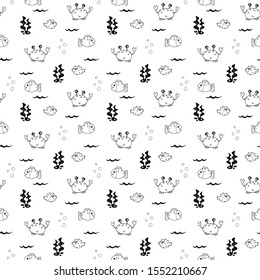 Cute Crab and fishes Seamless Pattern, Cartoon Hand Drawn Animal Doodles Vector Illustration Background .