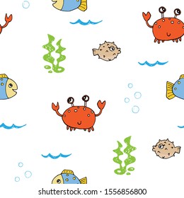 Cute Crab and fishes Seamless Pattern, Cartoon Hand Drawn Animal Doodles Vector Illustration Background .