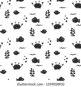 Cute Crab and fishes Seamless Pattern, Cartoon Hand Drawn Animal Doodles Vector Illustration Background .