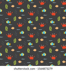 Cute Crab and fishes Seamless Pattern, Cartoon Hand Drawn Animal Doodles Vector Illustration Background .