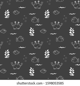 Cute Crab and fishes Seamless Pattern, Cartoon Hand Drawn Animal Doodles Vector Illustration Background .