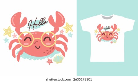 Cute crab hand drawn illustration vector, ready for print on t-shirt and other uses.