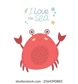 Cute crab in hand-drawn style, sea life elements. Sea animals. Vector character in flat style