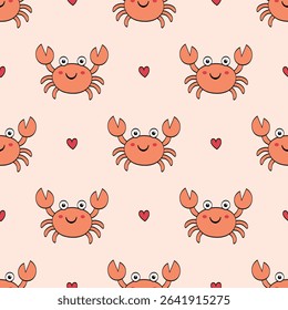 Cute crab with hearts summer Seamless Pattern. Perfect for Prints, Wrapping Paper, Wallpaper, Textiles, Stationery, and Fabric