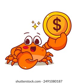 Cute Crab Holding Coin Cartoon Vector Illustration. Adorable Kawaii Animal Character Icon Mascot Concept Design. Isolated White Background.