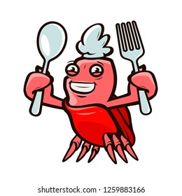 Cute crab holding a fork and a spoon. Seafood, cartoon vector illustration