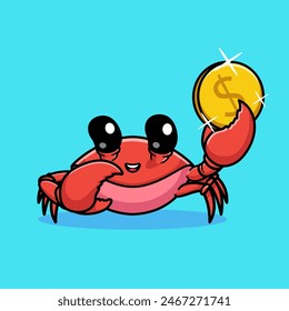 Cute Crab Holding Gold Coin Cartoon Vector Icon Illustration. Animal Finance Icon Concept Isolated Premium Vector. Flat Cartoon Style
