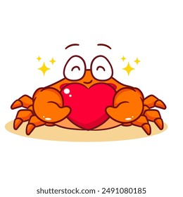 Cute Crab Holding Love Heart Cartoon Vector Illustration. Adorable Kawaii Animal Character Icon Mascot Concept Design. Isolated White Background.