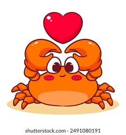 Cute Crab Holding Love Heart Cartoon Vector Illustration. Adorable Kawaii Animal Character Icon Mascot Concept Design. Isolated White Background.